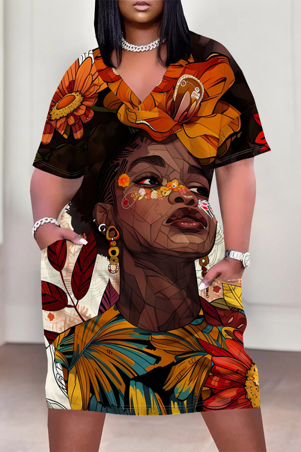 Brown African Girl Flower Print V Neck Short Sleeve Casual Outing Plus Size T Shirt Midi Dress with Pockets