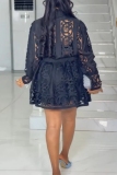 Black Casual Hollow Out Buttons See-Through Shirt Collar Long Sleeve Embroidered Blouse And Mini Skirt Two Pieces Dress Sets