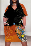 Yellow African Girl Print V Neck Short Sleeve Pocket Casual Outing Plus Size T Shirt Midi Dress