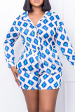 Green Casual Graphcis Print Buckle Patchwork Turndown Collar Long Sleeve Blouse And Shorts Two Pieces Shorts Sets