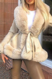 Black Patchwork Strap Design Cardigan Collar Long Sleeve Faux Fur Belted PU Leather Jackets