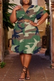 Green Casual Floral Print Belted V Neck Ruffle Sleeve Crop Tops And Pleated Midi Skirt Vacation Plus Size Two Pieces Dress Set