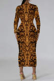 Casual Outing Snakeskin Leopard Print O Neck Long Sleeve Bodycon Maxi Dress