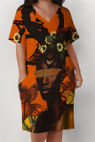 Brown African Girl Flower Print V Neck Short Sleeve Casual Outing Plus Size T Shirt Midi Dress with Pockets