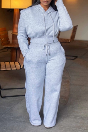 Grey Casual Patchwork Hooded Long Sleeve Jackets And Sweatpants Sportwear Two Pieces Jogger Sets