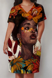 Brown African Girl Flower Print V Neck Short Sleeve Casual Outing Plus Size T Shirt Midi Dress with Pockets
