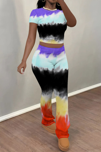 Multicolor Casual Street Stripe Splashed ink Print O Neck Short Sleeve Crop T-shirt And Flare Leg Pants Two Pieces Trouser Sets