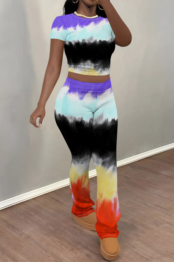 Multicolor Casual Street Stripe Splashed ink Print O Neck Short Sleeve Crop T-shirt And Flare Leg Pants Two Pieces Trouser Sets
