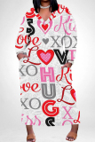 Rose Red Casual Graffiti Heart Shaped Lips Print O Neck Long Sleeve Straight Loose Vacation Plus Size Maxi Dresses