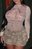 Apricot Graphics Print Patchwork See-Through O Neck Mesh Long Sleeve Tops