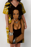 Yellow African Girl Print V Neck Short Sleeve Pocket Casual Outing Plus Size T Shirt Midi Dress