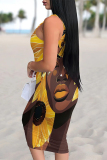 Black African Girl Print Sleeveless Backless U Neck Wrapped Skirt Casual Outing Bodycon Midi Tank Dresses