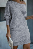 White Silver Sequin Evening Party Gown Oblique Collar Long Sleeve Mini Dresses