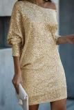 White Silver Sequin Evening Party Gown Oblique Collar Long Sleeve Mini Dresses