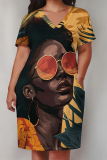 Brown African Girl Flower Print V Neck Short Sleeve Casual Outing Plus Size T Shirt Midi Dress with Pockets