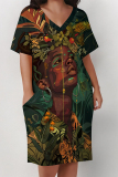 Brown African Girl Flower Print V Neck Short Sleeve Casual Outing Plus Size T Shirt Midi Dress with Pockets