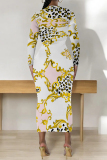 Casual Outing Snakeskin Leopard Print O Neck Long Sleeve Bodycon Maxi Dress