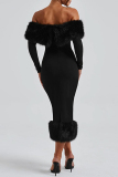 Black Formal Evening Party Prom Gown Backless Fluffy Trim Off Shoulder and Hem Long Sleeve Bodycon Maxi Dresses