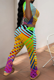 Multicolor Casual Street Stripe Splashed ink Print O Neck Short Sleeve Crop T-shirt And Flare Leg Pants Two Pieces Trouser Sets