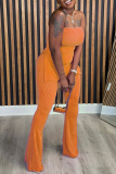 Claret Casual Sleeveless Backless Slit Strapless Tube Tops And Flare Leg Pants Two Pieces Trouser Sets