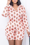 Green Casual Graphcis Print Buckle Patchwork Turndown Collar Long Sleeve Blouse And Shorts Two Pieces Shorts Sets