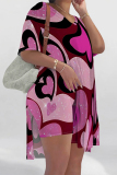 Purple Casual Love Print Slit Contrast V Neck Short Sleeve Oversize T-shirt And Shorts Two Pieces Shorts Sets