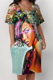 Yellow African Girl Print V Neck Short Sleeve Pocket Casual Outing Plus Size T Shirt Midi Dress