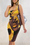 Black African Girl Print Sleeveless Backless U Neck Wrapped Skirt Casual Outing Bodycon Midi Tank Dresses