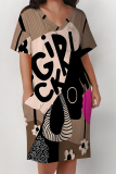 Yellow African Girl Print V Neck Short Sleeve Pocket Casual Outing Plus Size T Shirt Midi Dress