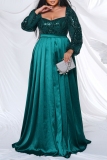 Green Sequin Evening Party Gown Square Neck Long Sleeve Floor Length Long Plus Size Pleated Glitter Prom Maxi Dress