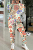 Gray purple Floral Print O Neck Long Sleeve Sweatshirt And Skinny Pants Sportwear Casual Two Pieces Tracksuit Sweatpants Set