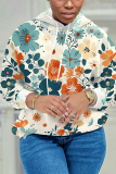 Khaki Casual Floral Print Long Sleeve Draw String Pocket Fall Winter Hooded Sweatshirt