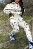 White Floral Print Hooded Long Sleeve Jackets and Sweatpants Sportwear Two Pieces Jogger Sets