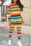 Orange Yellow Stripe Print O Neck Long Sleeve Sweatshirt And Skinny Pants Sportwear Casual Two Pieces Tracksuit Sweatpants Set