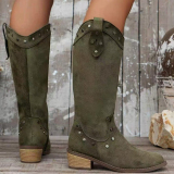 Green Suede Women's Mid-Calf Boots with Almond Toe and Decorative Strap