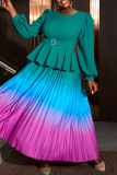 Lake Green Casual Gradient Print Patchwork O Neck Lantern Sleeve Plus Size Pleated Maxi Dresses