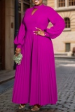 Rose Red Formal Office Crewneck with Cut-Outs Long Sleeve Plus Size Pleated Maxi Dresses