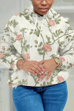 Khaki Casual Floral Print Long Sleeve Draw String Pocket Fall Winter Hooded Sweatshirt
