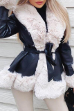 Black Patchwork Strap Design Cardigan Collar Long Sleeve Faux Fur Belted PU Leather Jackets