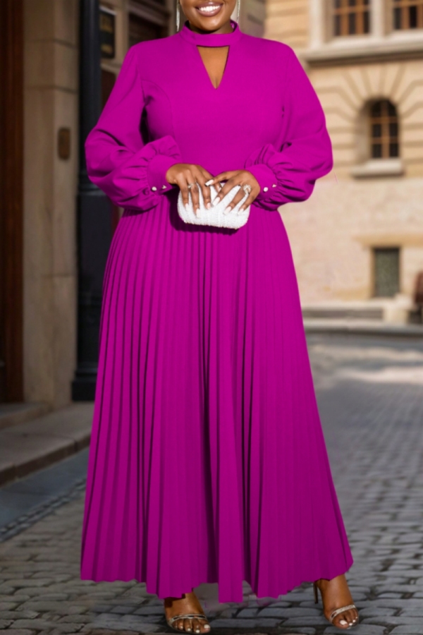 Rose Red Formal Office Crewneck with Cut-Outs Long Sleeve Plus Size Pleated Maxi Dresses