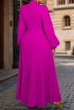 Rose Red Formal Office Crewneck with Cut-Outs Long Sleeve Plus Size Pleated Maxi Dresses