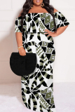 White Casual Plaid Floral Letters Print Off Shoulder Flutter Sleeve Long Loose Vacation Plus Size Maxi Dresses