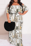 White Casual Plaid Floral Letters Print Off Shoulder Flutter Sleeve Long Loose Vacation Plus Size Maxi Dresses