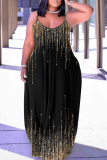 Black Glitter Graphics Print Backless Spaghetti Strap Floor Length Vacation Baggy Sundress Slip Maxi Dress
