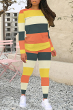 Orange Yellow Stripe Print O Neck Long Sleeve Sweatshirt And Skinny Pants Sportwear Casual Two Pieces Tracksuit Sweatpants Set
