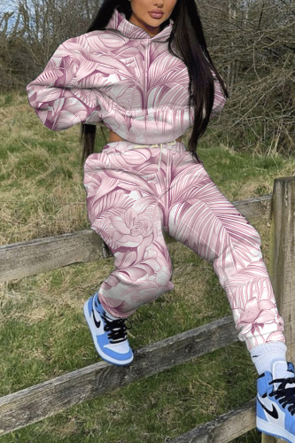 White Floral Print Hooded Long Sleeve Jackets and Sweatpants Sportwear Two Pieces Jogger Sets