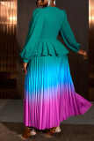 Lake Green Casual Gradient Print Patchwork O Neck Lantern Sleeve Plus Size Pleated Maxi Dresses