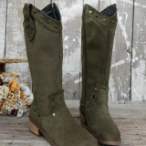Green Suede Women's Mid-Calf Boots with Almond Toe and Decorative Strap