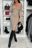 Black Formal Evening Party Prom Off Shoulder Long Sleeve Wrapped Skirt Ruched Bodycon Midi Dresses