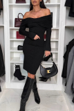 Black Formal Evening Party Prom Off Shoulder Long Sleeve Wrapped Skirt Ruched Bodycon Midi Dresses